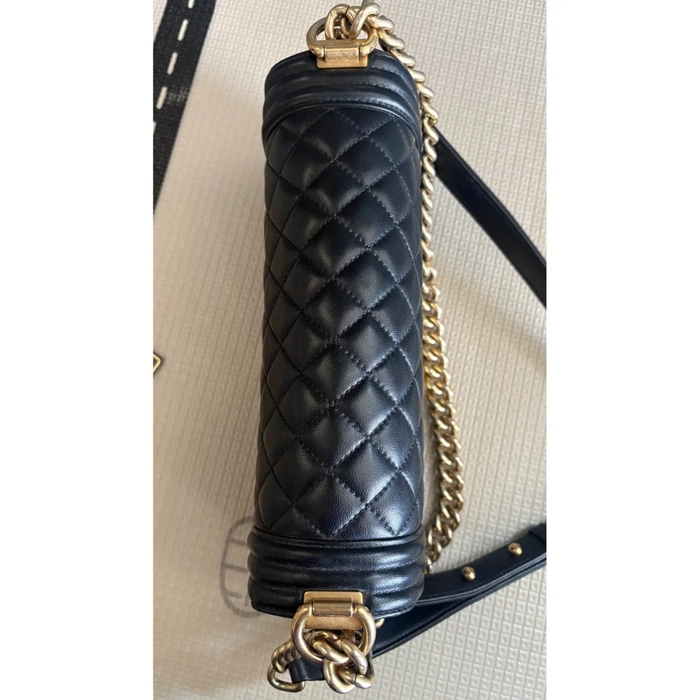 Chanel Boy Bag Old Medium Black Quilted Lambskin Aged Gold Hardware
